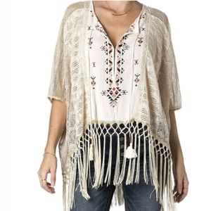 ♥️ Miss Me Embroidered fringe trim poncho boho beige short sleeve Size S…